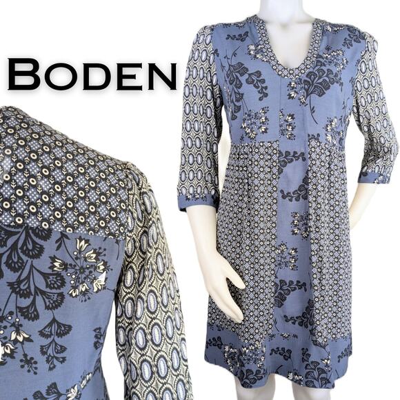 Boden Mollie Blue White Mixed Print Minidress Shift V-Neck 3/4 sleeve Size 8 - Picture 1 of 12